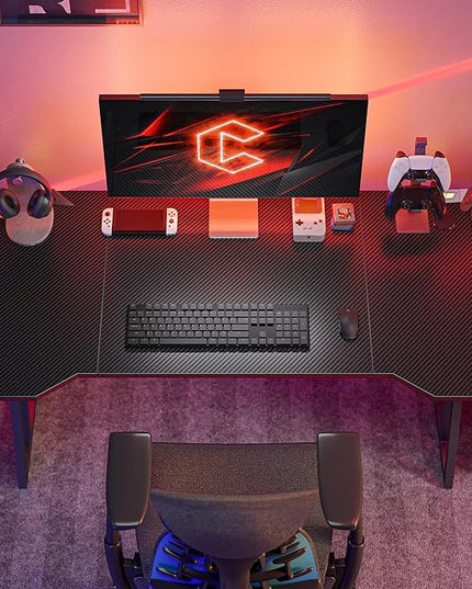 CubiCubi Gaming Desk with LED Lights, 55 Inch Z Shaped Gamer Desk, Home Game Computer Desk with Carbon Fiber Surface, Ergonomic Office PC Workstation with Cable Management, Black - LeafyLoom