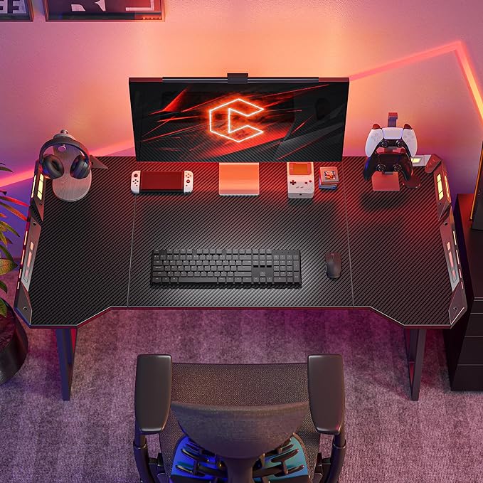 CubiCubi Gaming Desk with LED Lights, 55 Inch Z Shaped Gamer Desk, Home Game Computer Desk with Carbon Fiber Surface, Ergonomic Office PC Workstation with Cable Management, Black - LeafyLoom