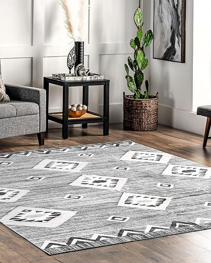 nuLOOM Arie Tribal Diamond Machine Washable Ultra Thin Area Rug, 5' x 8', Grey - LeafyLoom