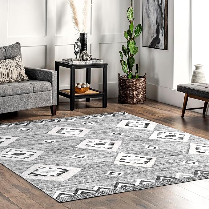 nuLOOM Arie Tribal Diamond Machine Washable Ultra Thin Area Rug, 5' x 8', Grey - LeafyLoom