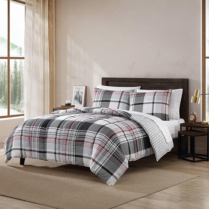Eddie Bauer- Queen Comforter Set, Reversible Microsuede Bedding with Matching Sham(s), Casual Home Decor (Normandy Plaid Black, Queen) - LeafyLoom
