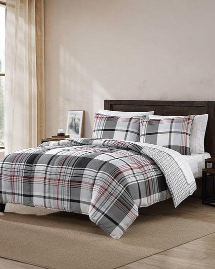 Eddie Bauer- King Comforter Set, Reversible Microsuede Bedding with Matching Sham(s), Casual Home Decor (Normandy Plaid Black, King) - LeafyLoom