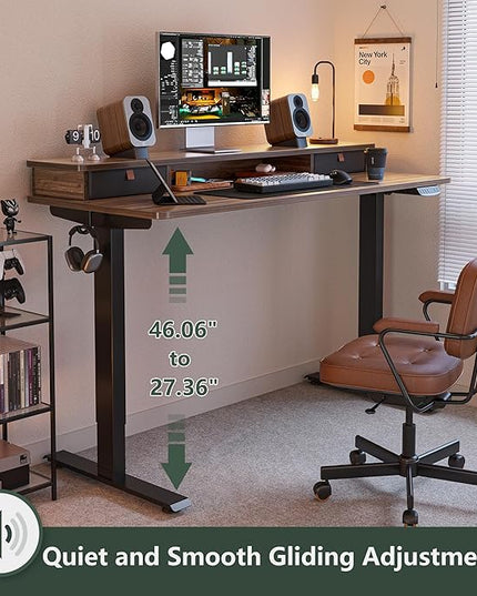 FEZIBO 55 x 24 Inch Height Adjustable Electric Standing Desk with Double Drawer, Stand Up Desk with Storage Shelf, Sit Stand Desk, Blcak Walnut - LeafyLoom