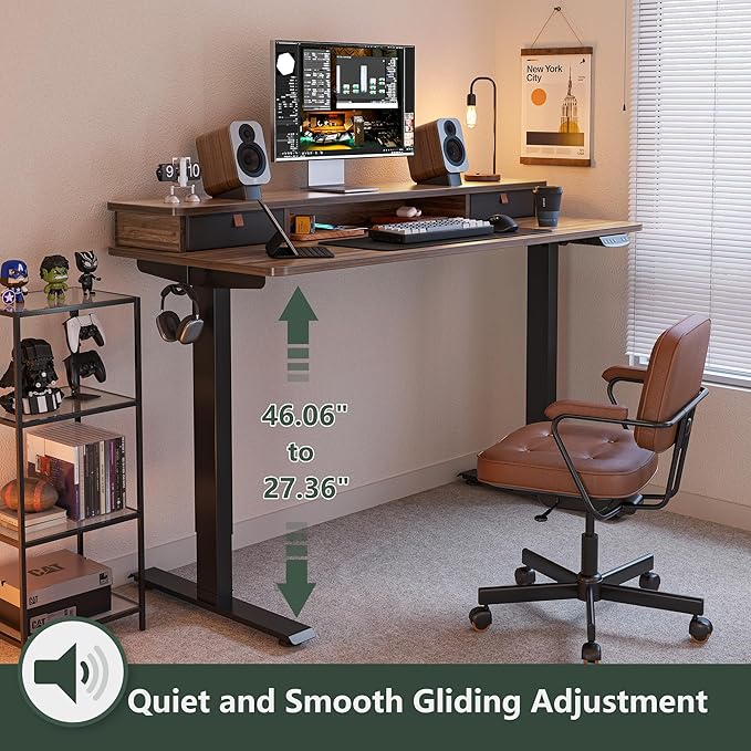 FEZIBO 55 x 24 Inch Height Adjustable Electric Standing Desk with Double Drawer, Stand Up Desk with Storage Shelf, Sit Stand Desk, Blcak Walnut - LeafyLoom