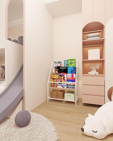 Kids Bookshelf Freestanding for Children Room 18 Inches Small White Metal Bookcase Large Capacity Books Toys Organizer Stable 5 Tiers Kids Book Rack for Playroom Bookstore Library - LeafyLoom