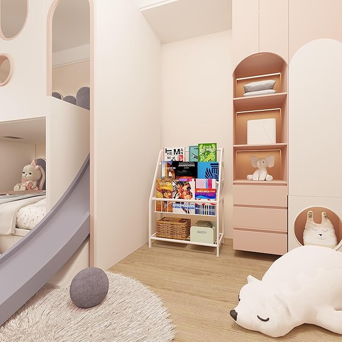 Kids Bookshelf Freestanding for Children Room 18 Inches Small White Metal Bookcase Large Capacity Books Toys Organizer Stable 5 Tiers Kids Book Rack for Playroom Bookstore Library - LeafyLoom