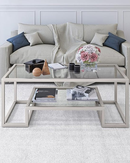 Henn&Hart 45" Wide Rectangular Coffee Table in Satin Nickel, Modern coffee tables for living room, studio apartment essentials - LeafyLoom