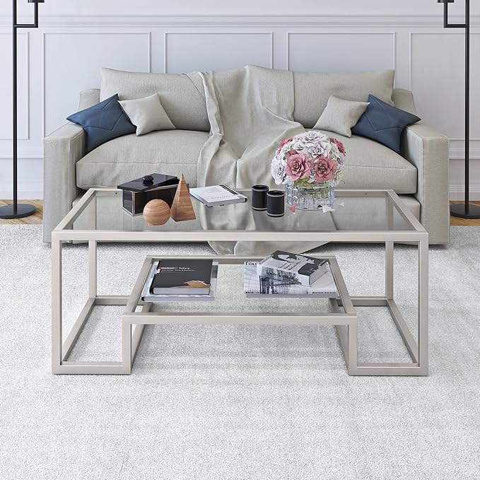 Henn&Hart 45" Wide Rectangular Coffee Table in Satin Nickel, Modern coffee tables for living room, studio apartment essentials - LeafyLoom