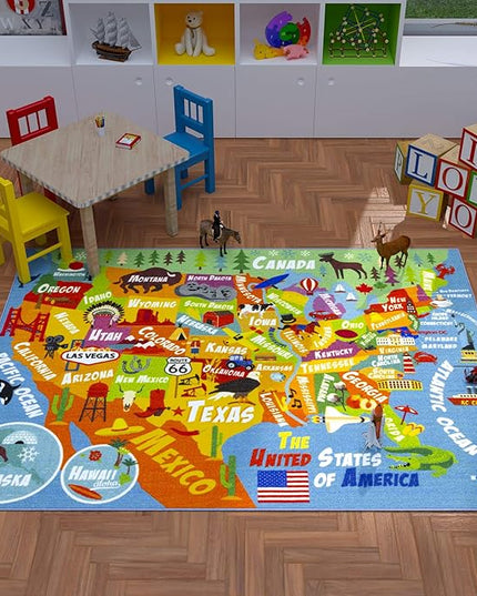 KC Cubs Playtime Collection USA United States Map Educational Learning & Game Area Rug Carpet for Kids and Children Bedrooms and Playroom (8'2" x 9'10"), Multi - LeafyLoom