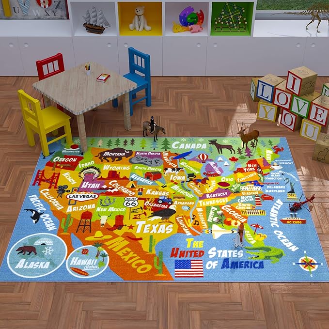 KC Cubs Playtime Collection USA United States Map Educational Learning & Game Area Rug Carpet for Kids and Children Bedrooms and Playroom (8'2" x 9'10"), Multi - LeafyLoom