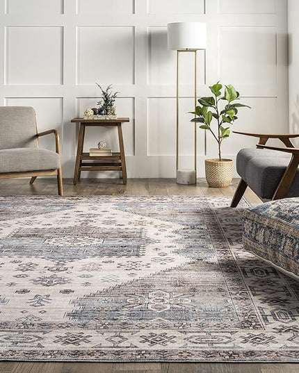 nuLOOM Emani Machine Washable Medallion Ultra Thin Area Rug, 8' x 10', Beige - LeafyLoom