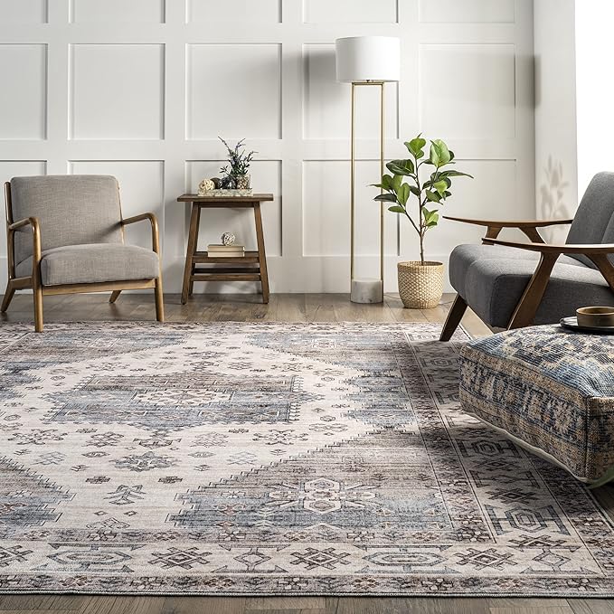 nuLOOM Emani Machine Washable Medallion Ultra Thin Area Rug, 8' x 10', Beige - LeafyLoom