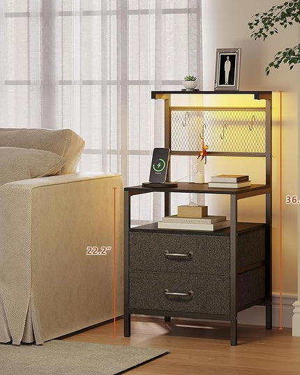 Tall Nightstand Set of 2 with Charging Station and LED Lights, Night Stand with Fabric Drawers, Bedside Table 36.4 Inch with Storage Shelves, Side Table, Mesh Shelves with Hooks, Black - LeafyLoom