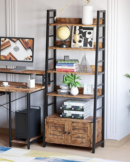 IRONCK Bookshelf with Louvered Doors, 4-tier Ladder Shelf with Cabinet Industrial Accent Furniture for Bedroom Living Room Home Office, Rustic Brown - LeafyLoom
