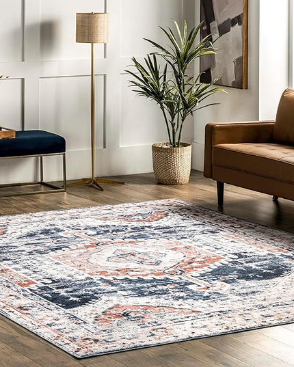 nuLOOM Evette Traditional Medallion Machine Washable Ultra Thin Area Rug, 5' x 8', Navy - LeafyLoom