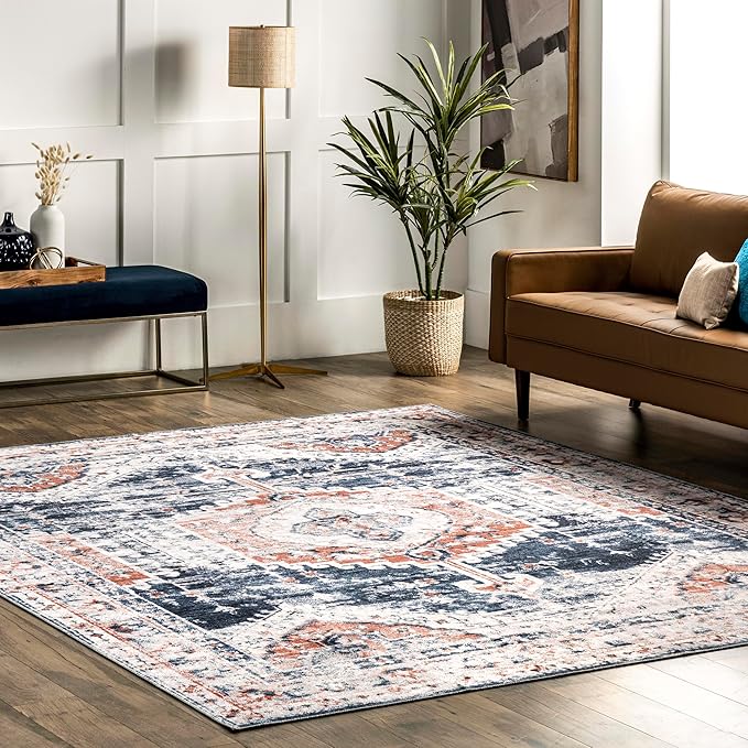 nuLOOM Evette Traditional Medallion Machine Washable Ultra Thin Area Rug, 5' x 8', Navy - LeafyLoom