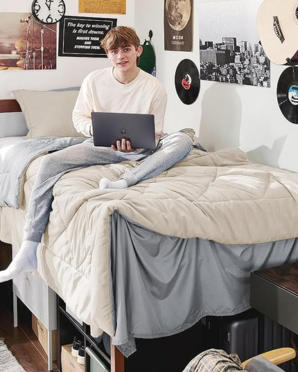 Bedsure Beige Twin XL Comforter Sets - 5 Pieces Reversible Twin XL Bedding Sets, Bed Sets Comforters, Sheets, Pillowcase & Sham, Grey XL Twin Bed in a Bag for College - LeafyLoom