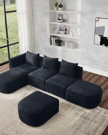 113" L-Shape Sectional Side Chaise and Ottoman, Modular Sofa, DIY Combination, Loop Yarn Fabric for Living Room, Apartment, 113inch, Black Left - LeafyLoom
