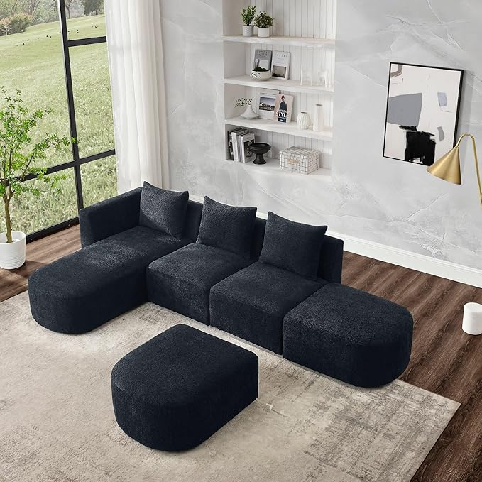 113" L-Shape Sectional Side Chaise and Ottoman, Modular Sofa, DIY Combination, Loop Yarn Fabric for Living Room, Apartment, 113inch, Black Left - LeafyLoom
