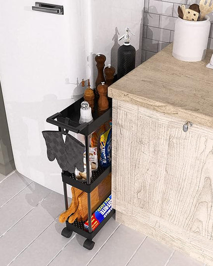 Simple Houseware 3-Tier Slim/Super Narrow Kitchen Cart with Handle, hooks and storage with shelves, Black - LeafyLoom