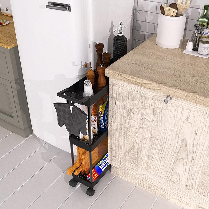 Simple Houseware 3-Tier Slim/Super Narrow Kitchen Cart with Handle, hooks and storage with shelves, Black - LeafyLoom