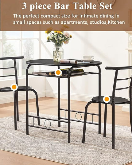 VECELO 3 Piece Small Round Dining Table Set for Kitchen Breakfast Nook, Wood Grain Tabletop with Wine Storage Rack, Save Space, 31.5", Matte Black - LeafyLoom