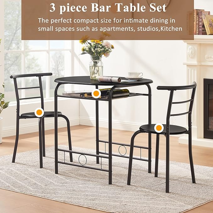 VECELO 3 Piece Small Round Dining Table Set for Kitchen Breakfast Nook, Wood Grain Tabletop with Wine Storage Rack, Save Space, 31.5", Matte Black - LeafyLoom