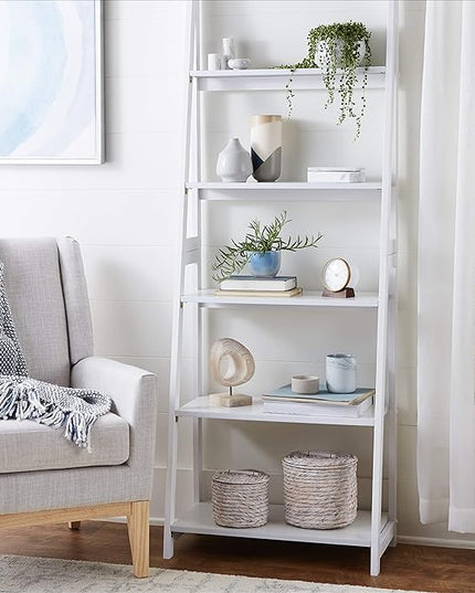 Amazon Basics Modern 5-Tier Ladder Bookshelf Organizer, Solid Rubberwood Frame, White, 14 D x 24.8 W x 70.1 H in - LeafyLoom