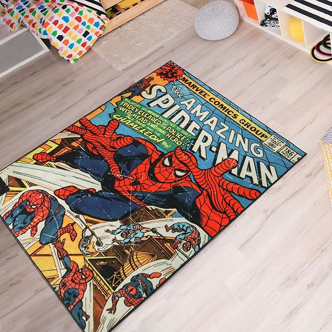 Gertmenian Marvel Rug Boys Childrens Bedroom Decor Kids Home Play Room Mat Bedding Area Carpet; 54x78 Large; Spiderman Retro Classic Comic Superhero Multi-Colored; 47327 - LeafyLoom