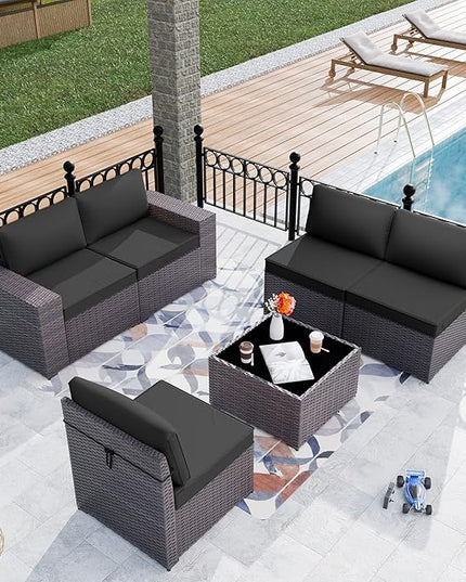 Patio Furniture Set Sofa 6-Pieces Wicker Sectional Sofa Set, Outdoor Furniture Rattan Patio Conversation Set with Thickened Cushion and Glass Coffee Table, Black - LeafyLoom