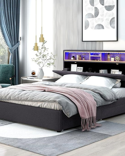 Queen Size Bed Frame with LED Headboard, USB Charging, Upholstered Platform Bed with Storage Drawers and Headboard, No Box Spring Needed, Dark Gray - LeafyLoom