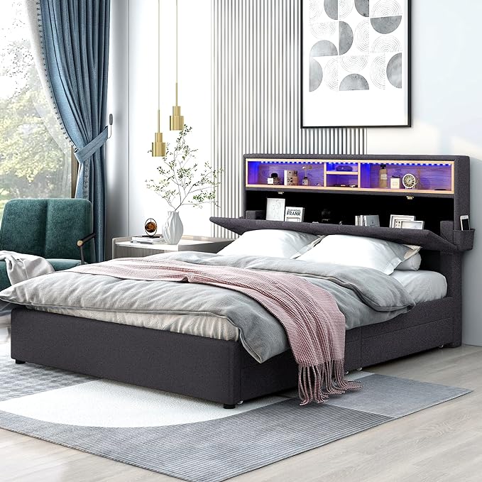 Queen Size Bed Frame with LED Headboard, USB Charging, Upholstered Platform Bed with Storage Drawers and Headboard, No Box Spring Needed, Dark Gray - LeafyLoom