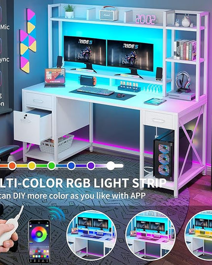YITAHOME Computer Desk with Drawers & Power Outlets, File Drawers with Lock, 59" Home Office Desk with Storage Shelves & Monitor Stand, Gaming Desk with LED Lights & Hutch, White - LeafyLoom