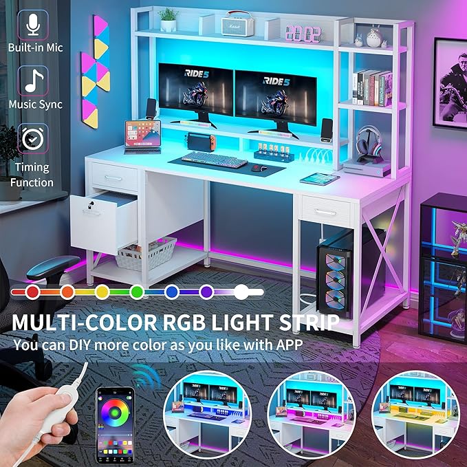 YITAHOME Computer Desk with Drawers & Power Outlets, File Drawers with Lock, 59" Home Office Desk with Storage Shelves & Monitor Stand, Gaming Desk with LED Lights & Hutch, White - LeafyLoom