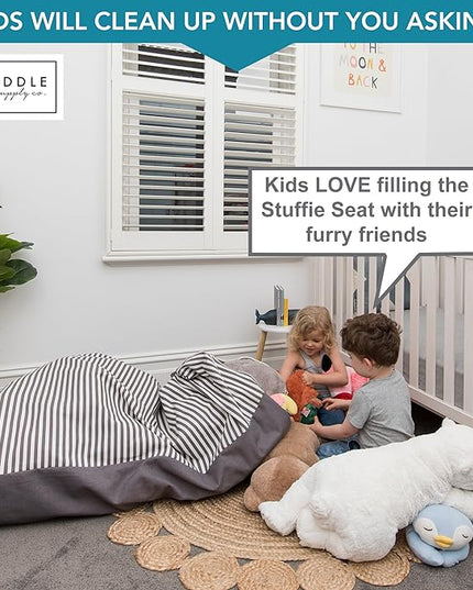HUDDLE Original Stuffed Animal Bean Bag Storage Extra Large Designer Beanbag Chairs for Kids Teens & Adults | Instant Clutter Clear for Stylish Moms - Stuffed Animal Storage Bean Bag Chair Grey Stripe - LeafyLoom