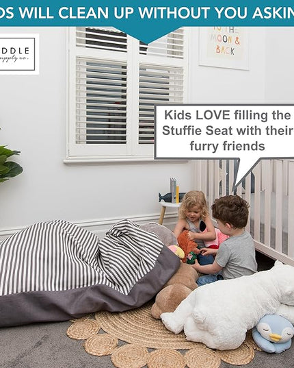 HUDDLE Original Stuffed Animal Bean Bag Storage Large Designer Beanbag Chairs for Kids Teens & Adults | Instant Clutter Clear for Stylish Moms - Stuffed Animal Storage Bean Bag Chair Grey Stripe - LeafyLoom