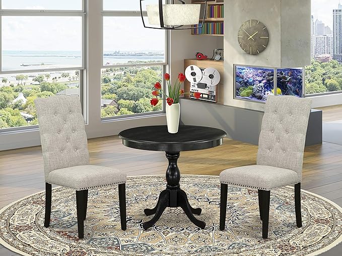 East West Furniture Antique 3 Piece Kitchen Set Contains a Round Dining Room Table with Pedestal and 2 Doeskin Linen Fabric Upholstered Chairs, 36x36 Inch, Wirebrushed Black - LeafyLoom