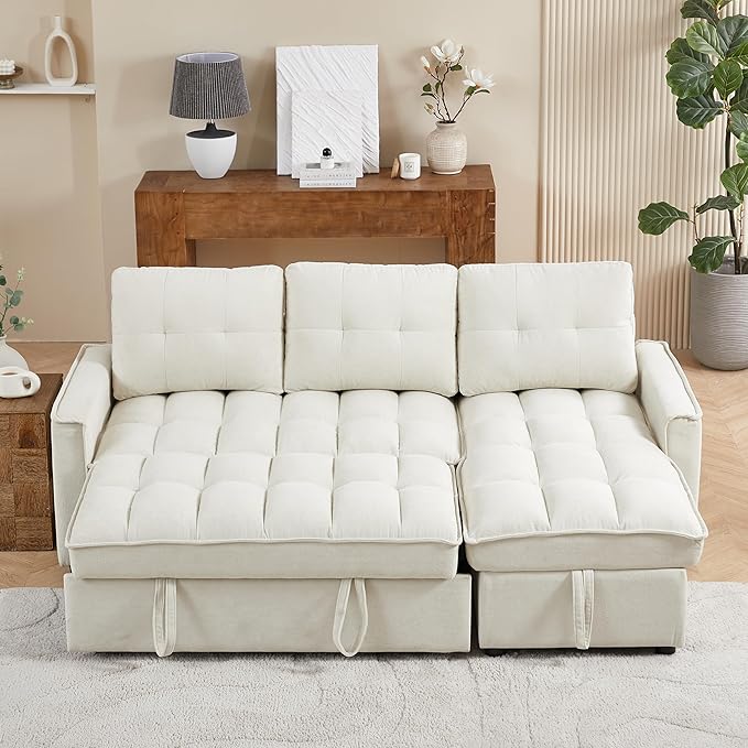 Chenille Convertible Sleeper Sectional Sofa with Reversible Storage Chaise and Pull Out Couch Bed , L Shaped Corner Sofabed with USB and tape-c Charging Ports for Living Room Office Small Places - LeafyLoom