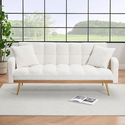 Fabric Teddy Fleece Folding Futon Sofa Bed w/Adjustable Backrests, 2 Seater Tufted Convertible Lounge Couch Recliner Loveseat with Metal Golden Legs for Living Room, Office,Bedroom, Beige 69" - LeafyLoom