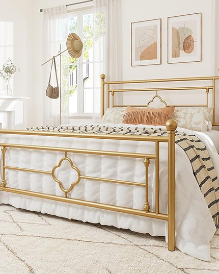 Allewie Queen Size Metal Platform Bed Frame with Victorian Vintage Headboard and Footboard/Mattress Foundation/Under Bed Storage/No Box Spring Needed/Noise-Free/Easy Assembly, Gold - LeafyLoom