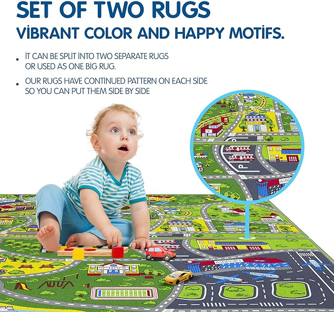 Booooom Jackson Pack 2 Train Car Rugs for Toy Cars,Car Mat,Road Rug,Kids Car Carpet Playmat Rug,Kids Car Rug Play Mat,Fun Car Play Area Rug,Non Slip Kids Car Play Rug for Playroom Bedroom - LeafyLoom