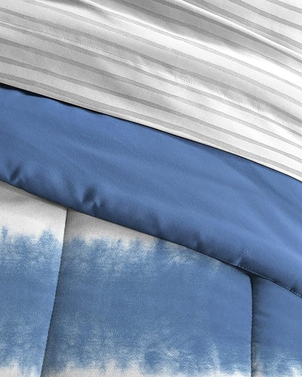 Dream Factory Kids 5-Piece Complete Bed Set Easy-Wash Super Soft Microfiber Comforter Bedding, Twin, Blue Tie Dye Stripe,2D872901BL - LeafyLoom