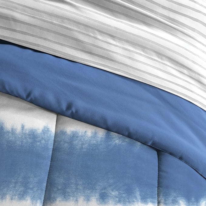 Dream Factory Kids 5-Piece Complete Bed Set Easy-Wash Super Soft Microfiber Comforter Bedding, Twin, Blue Tie Dye Stripe,2D872901BL - LeafyLoom