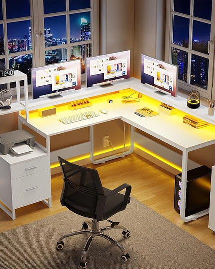 YITAHOME L Shaped Desk with Power Outlets & LED Lights, Reversible Computer Desk with Drawers & Hutch, Corner Desk Office Desk with Monitor Stand, Printer Stand, 2 Person Desk, White - LeafyLoom