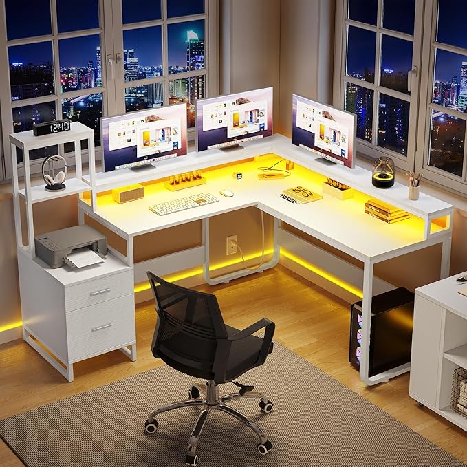 YITAHOME L Shaped Desk with Power Outlets & LED Lights, Reversible Computer Desk with Drawers & Hutch, Corner Desk Office Desk with Monitor Stand, Printer Stand, 2 Person Desk, White - LeafyLoom