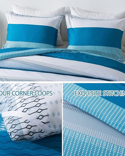 Andency Stripe Comforter Set Queen Size (90x90 Inch), 3 Pieces Teal Patchwork Striped Comforter, Soft Microfiber Down Alternative Comforter Bedding Set with Corner Loops - LeafyLoom