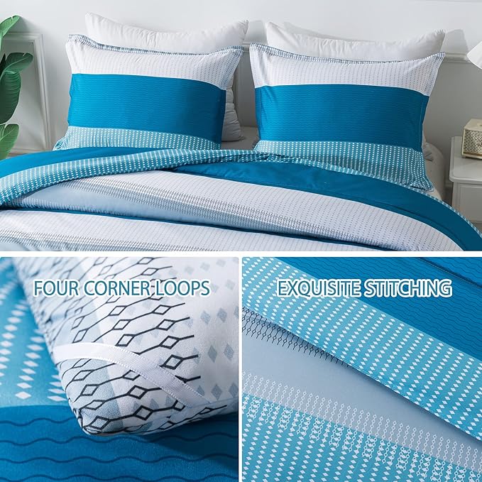 Andency Stripe Comforter Set Queen Size (90x90 Inch), 3 Pieces Teal Patchwork Striped Comforter, Soft Microfiber Down Alternative Comforter Bedding Set with Corner Loops - LeafyLoom