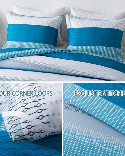 Andency Stripe Comforter Set King Size (104x90 Inch), 3 Pieces Teal Patchwork Striped Comforter, Soft Microfiber Down Alternative Comforter Bedding Set with Corner Loops - LeafyLoom