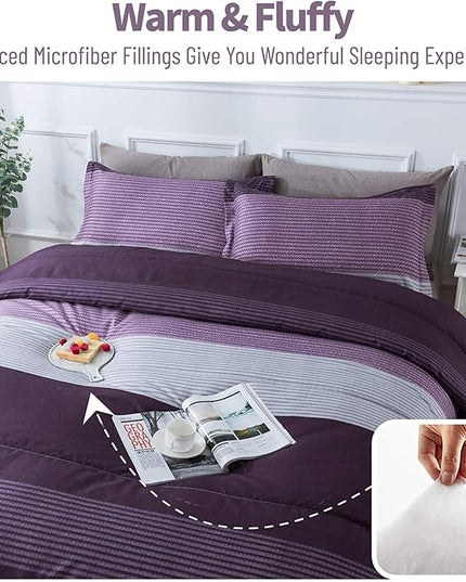 Andency Stripe Comforter Set King Size (104x90 Inch), 3 Pieces Purple and Gray Patchwork Striped Comforter, Soft Microfiber Down Alternative Comforter Bedding Set with Corner Loops - LeafyLoom