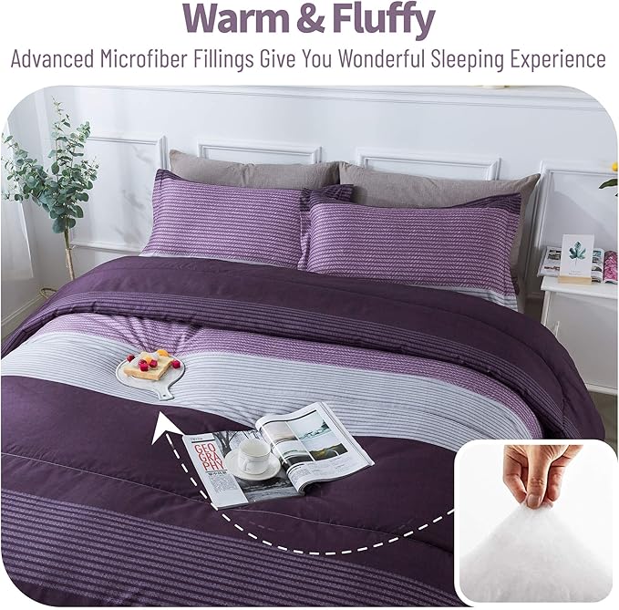 Andency Stripe Comforter Set King Size (104x90 Inch), 3 Pieces Purple and Gray Patchwork Striped Comforter, Soft Microfiber Down Alternative Comforter Bedding Set with Corner Loops - LeafyLoom